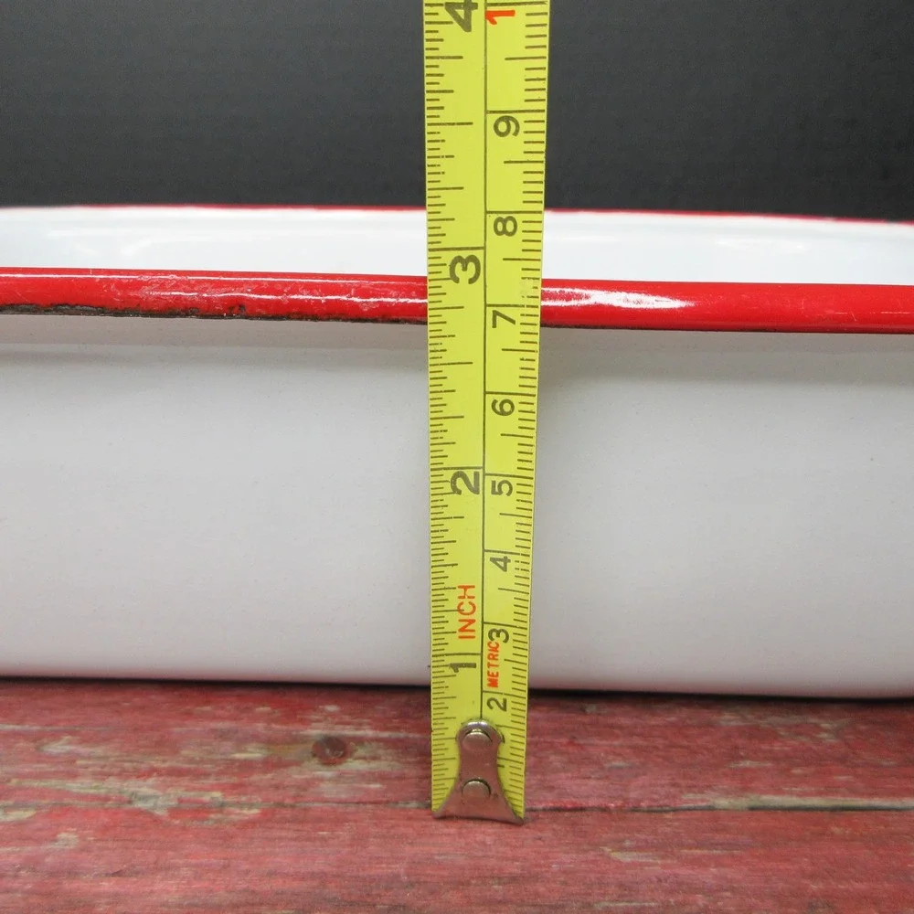 Vintage White Enamelware Rectangular Pan Red Rim Primitive Farmhouse Decor